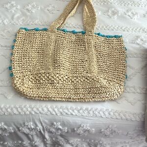 BTB Los Angeles Woven Beige Tote with Blue Accents